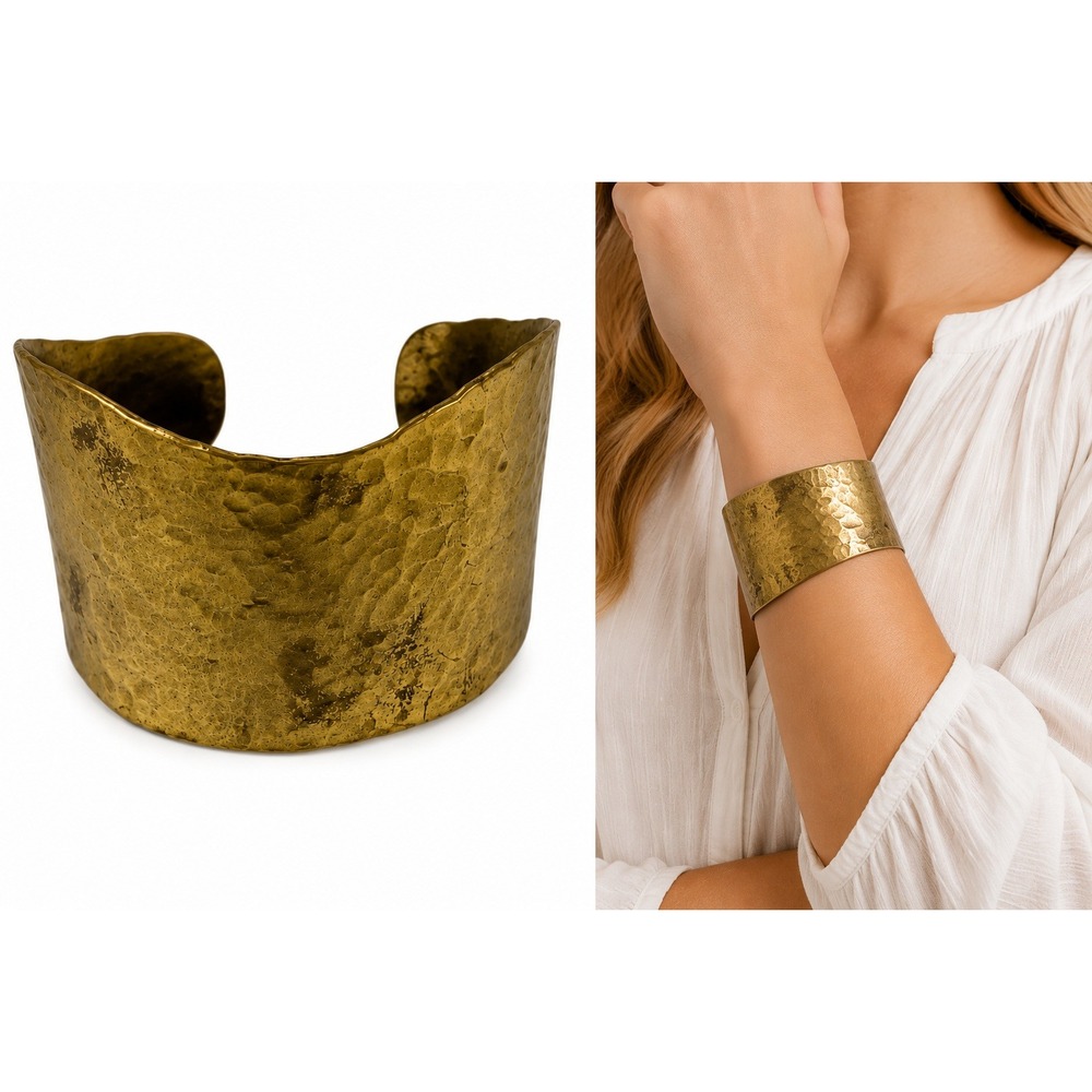 Gold Brass Rustic Chic Grecian Hammered Abstract Bangle Bracelet Boho‎ Cuff